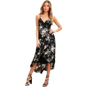 NWT Lulu’s Gild the Lily Black Wrap Floral Print High Low Dress— Small